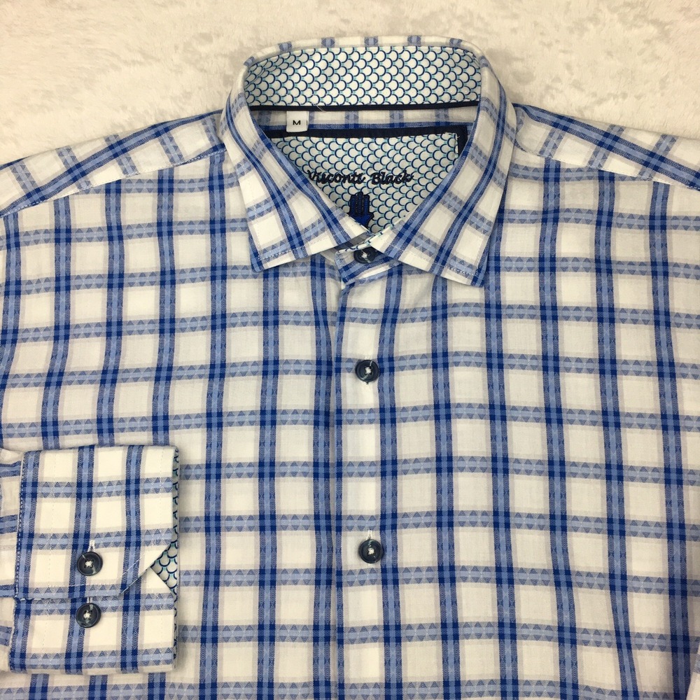 Visconti Black Dress Shirt Mens Medium White w/Blue Checks Contrasting Trim